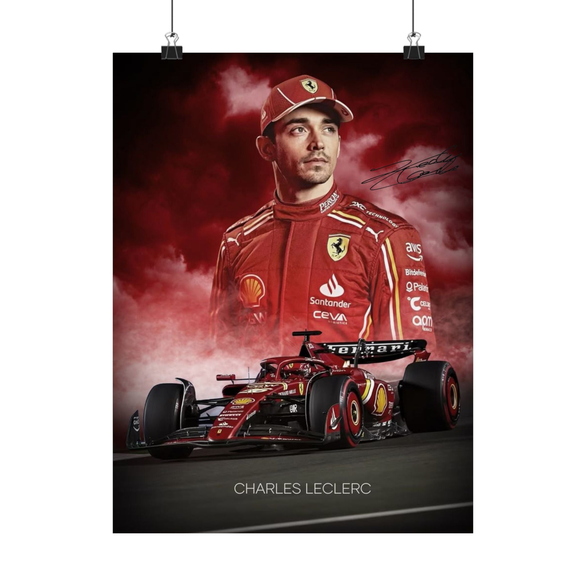 Ferrari Racing Poster of Charles LeClerc with Signiture, Matte Vertical Decor, Charles Leclerc Art Print, Car Enthusiast Gift