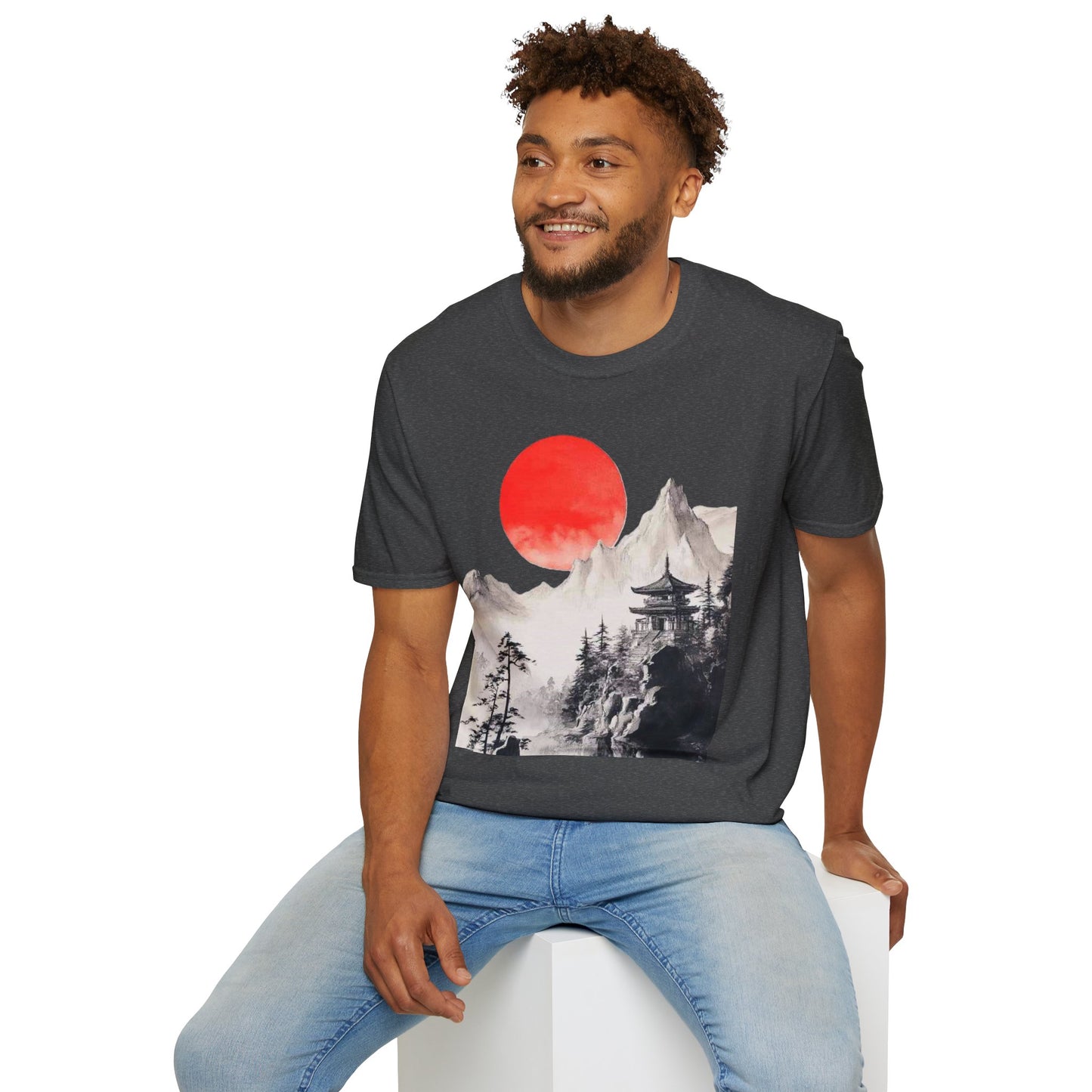 Red Sun Japanese Landscape T-Shirt | Mountain Temple Graphic Tee, Japanese Art