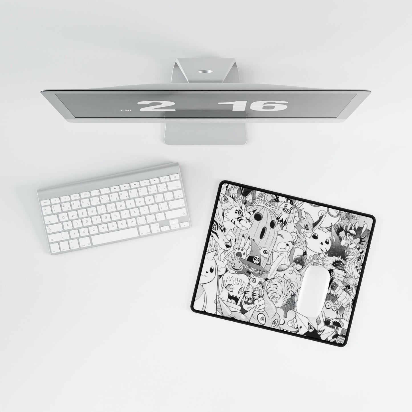Digimon Black & White Doodle Desk Mat — Cute Cartoon Character Gaming Mousepad