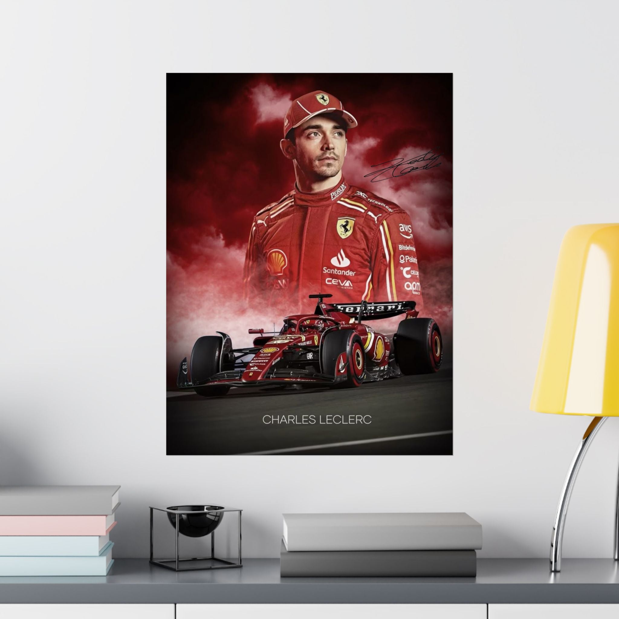 Ferrari Racing Poster of Charles LeClerc with Signiture, Matte Vertical Decor, Charles Leclerc Art Print, Car Enthusiast Gift
