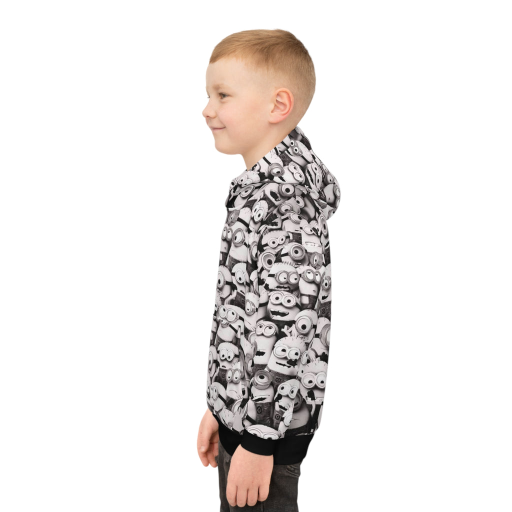 Kids All-Over Print MinionS Pattern Hoodie — Black & White Cartoon Crew