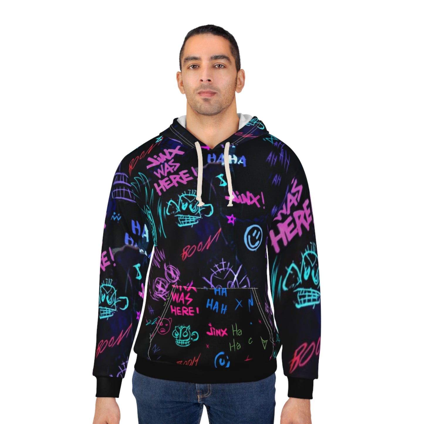 Neon-Graffiti-Jinx-Hoodie | Allover-Print-Pullover | Limitierte Auflage | Sammleredition