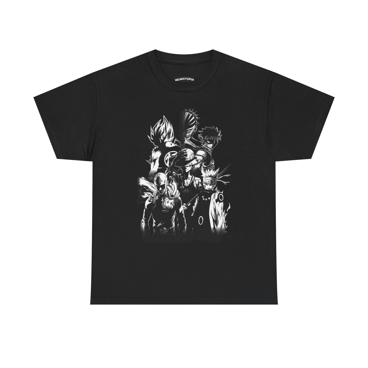 Anime Heroes Schwarzes Grafik-T-Shirt — Monochromes Shonen-Charakter-Collage
