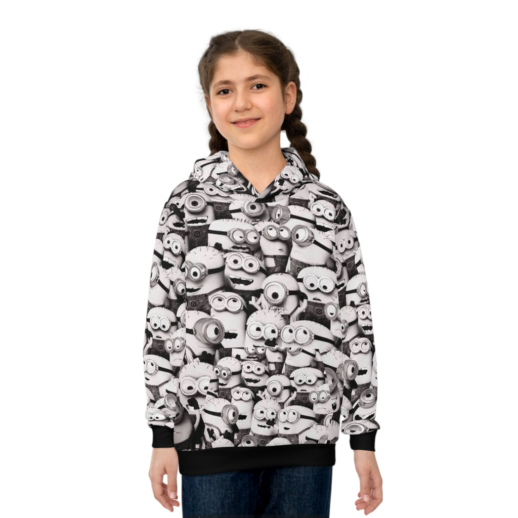 Kids All-Over Print MinionS Pattern Hoodie — Black & White Cartoon Crew