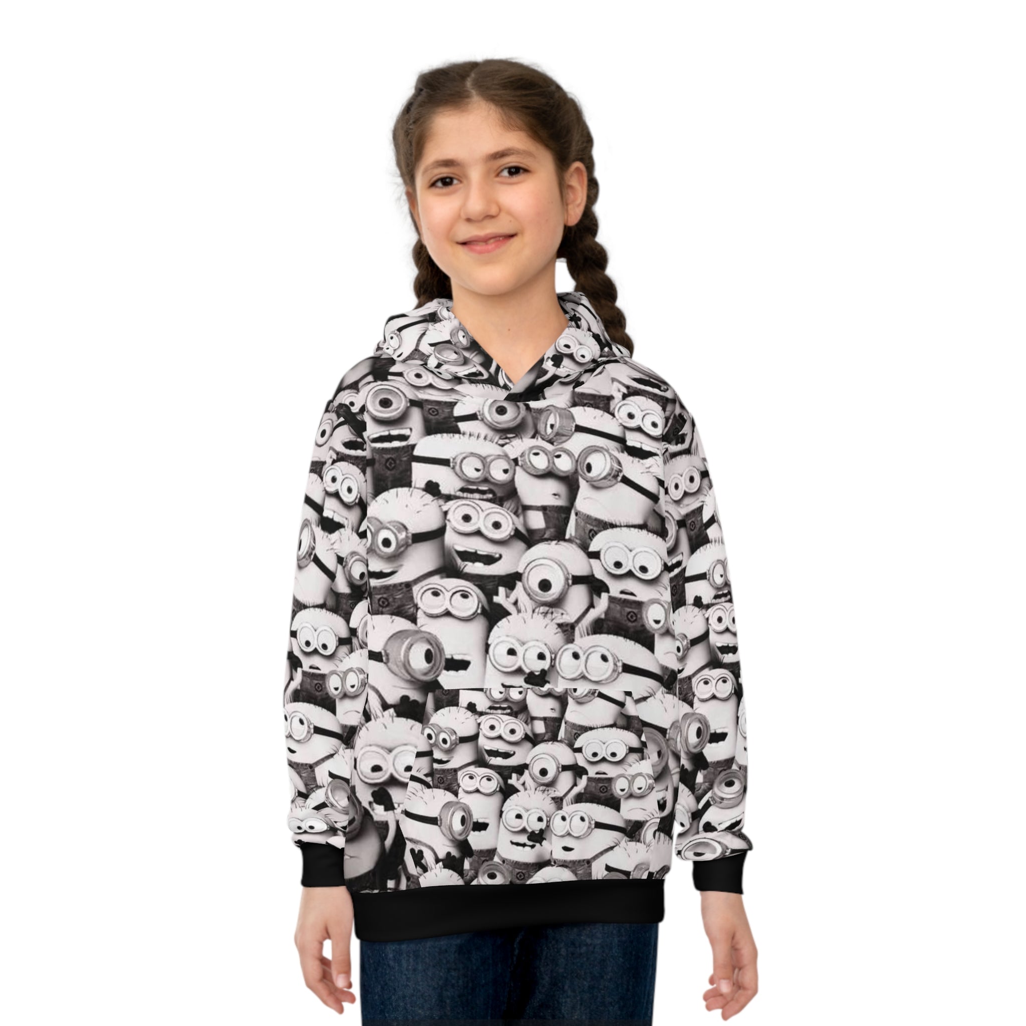 Kids All-Over Print MinionS Pattern Hoodie — Black & White Cartoon Crew