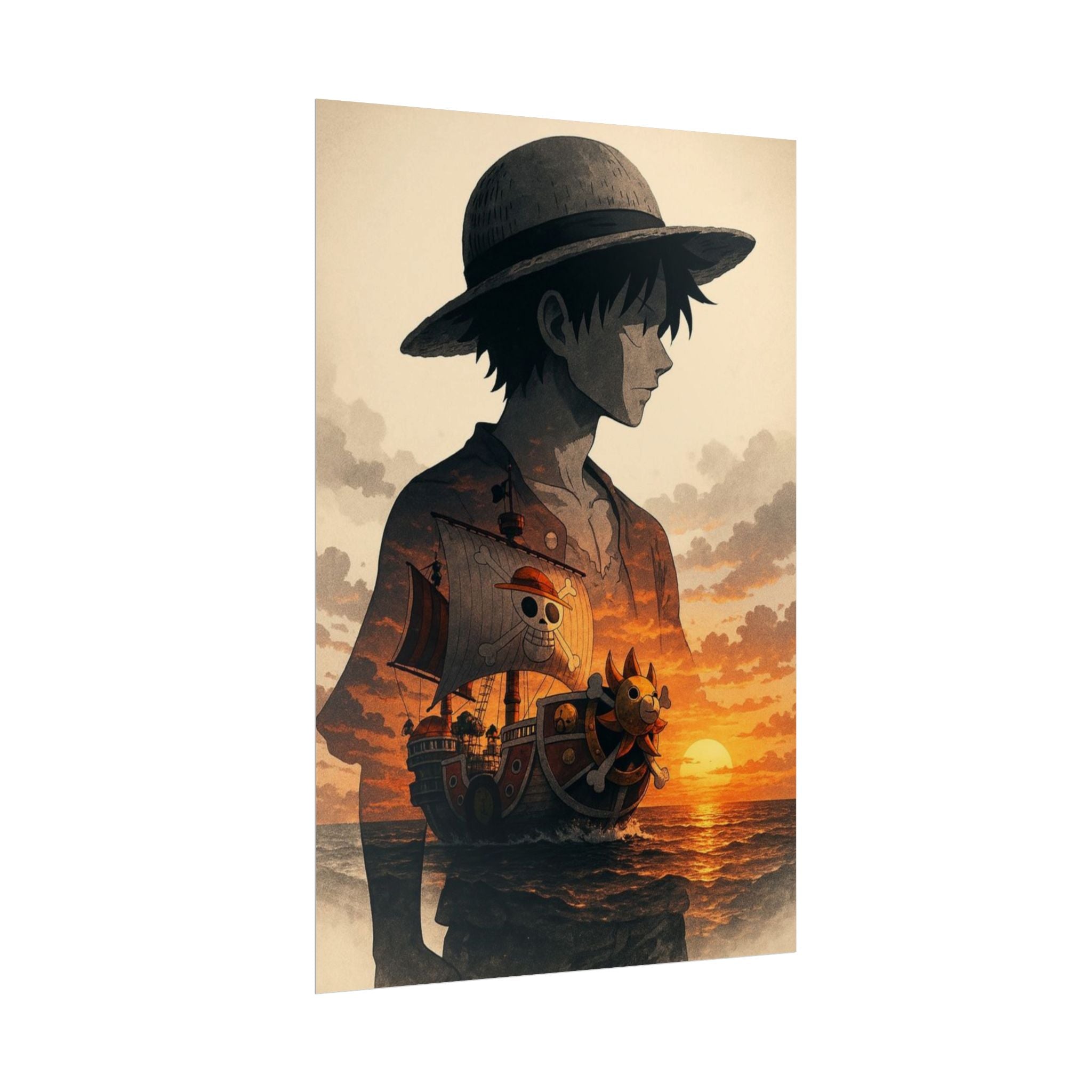 Straw Hat Pirate Portrait Rolled Poster | Luffy Sunset Ship Art | One Piece