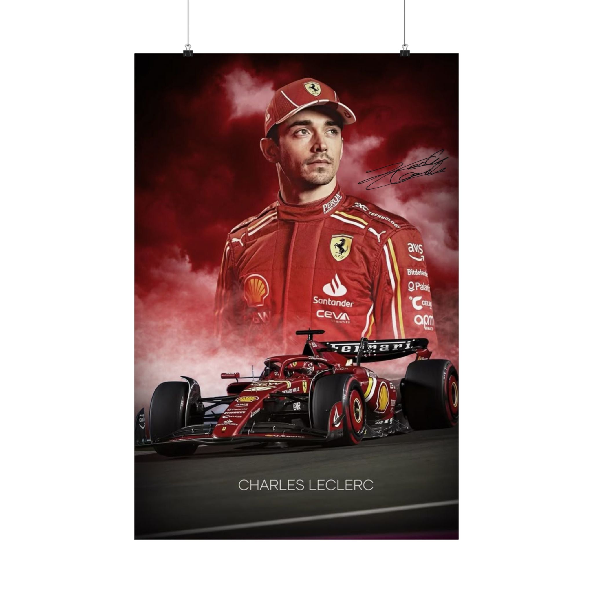 Ferrari Racing Poster of Charles LeClerc with Signiture, Matte Vertical Decor, Charles Leclerc Art Print, Car Enthusiast Gift