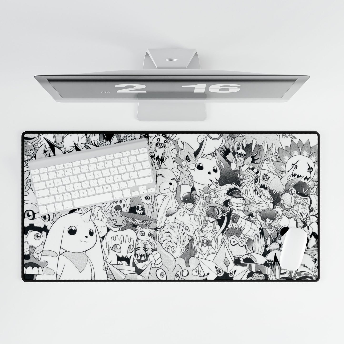Digimon Black & White Doodle Desk Mat — Cute Cartoon Character Gaming Mousepad